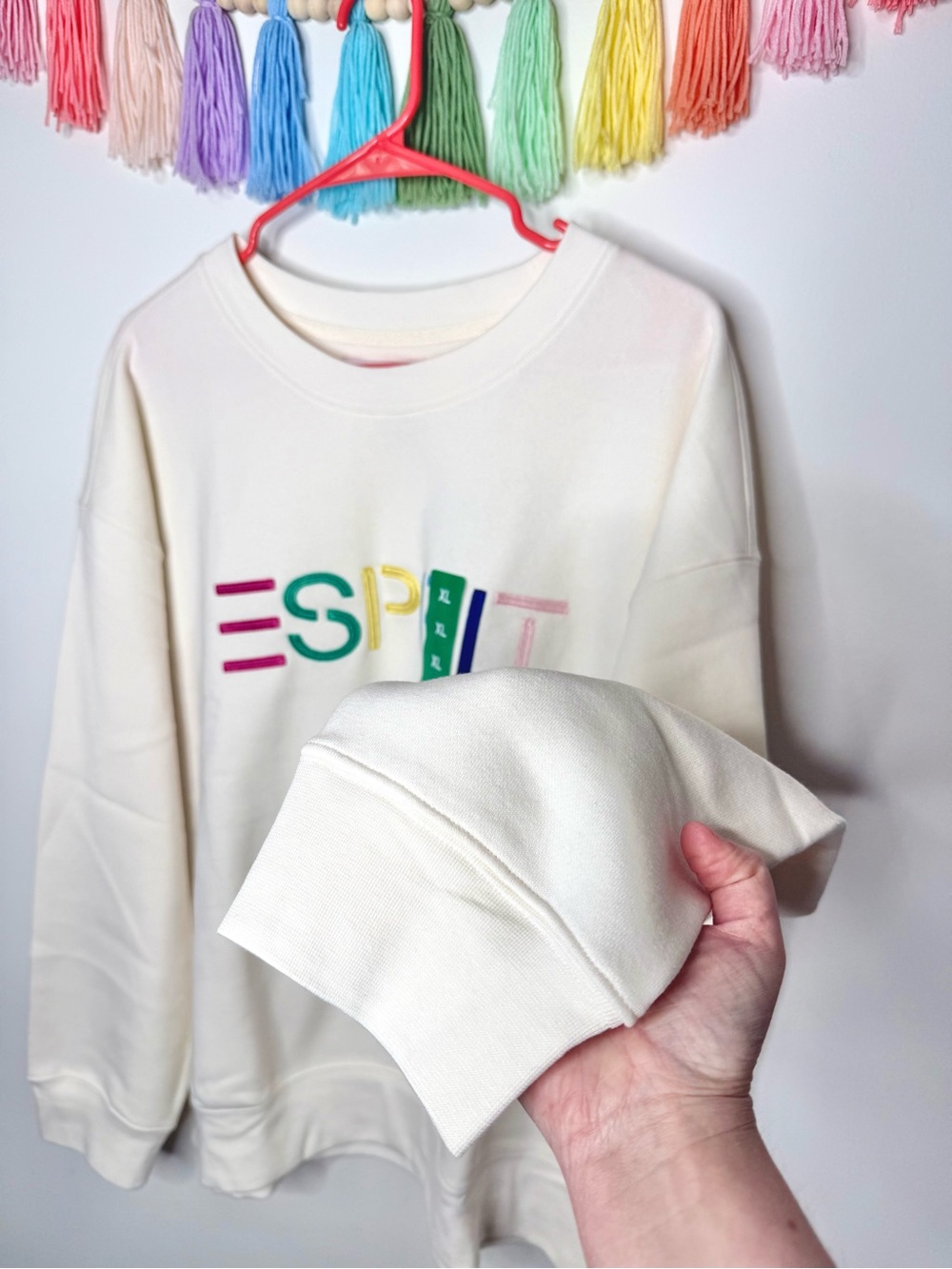 Esprit Retro 80s Cream Embroidered Rainbow Logo Viral Crewneck Sweatshirt XL NWT - Picture 5 of 14